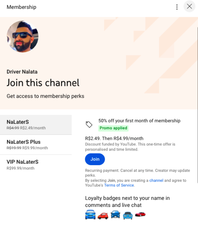 Planos de assinatura para se tornar membro do canal Driver Na Lata