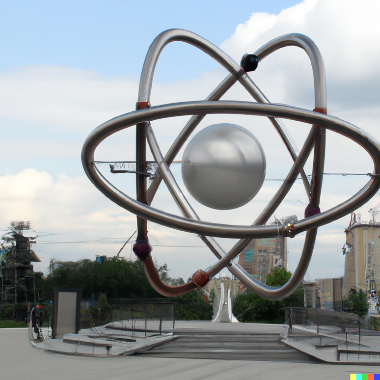 Escultura gigante de um átomo no meio de uma praça da cidade criada no Dall-e