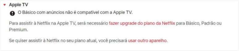 Mensagem da Apple para quem tenta usar o plano básico da Netlfix na Apple TV