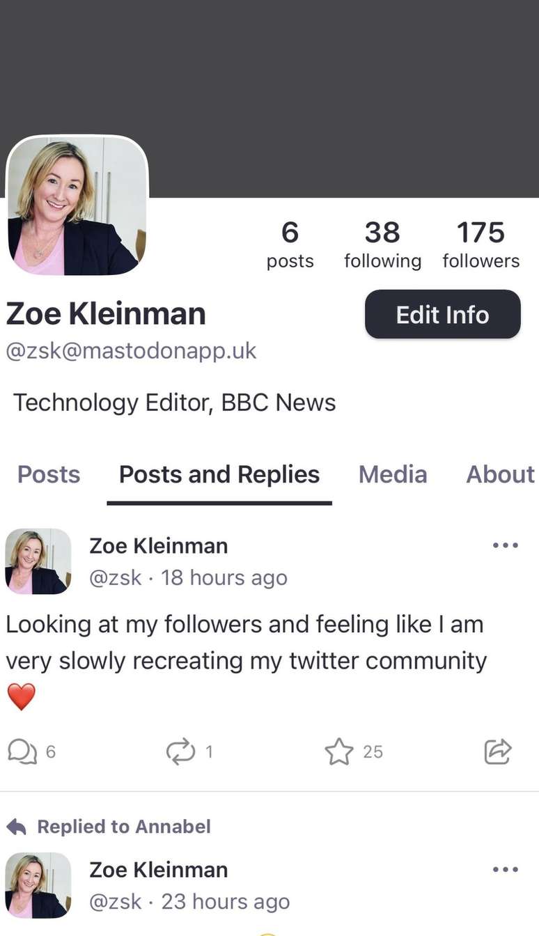 O perfil de Zoe Kleinman, editora de Tecnologia da BBC, no Mastodon