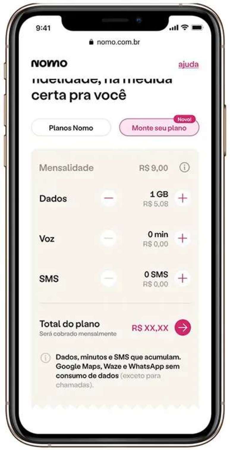 Tela do aplicativo da Nomo, onde o cliente pode escolher como quer o plano.