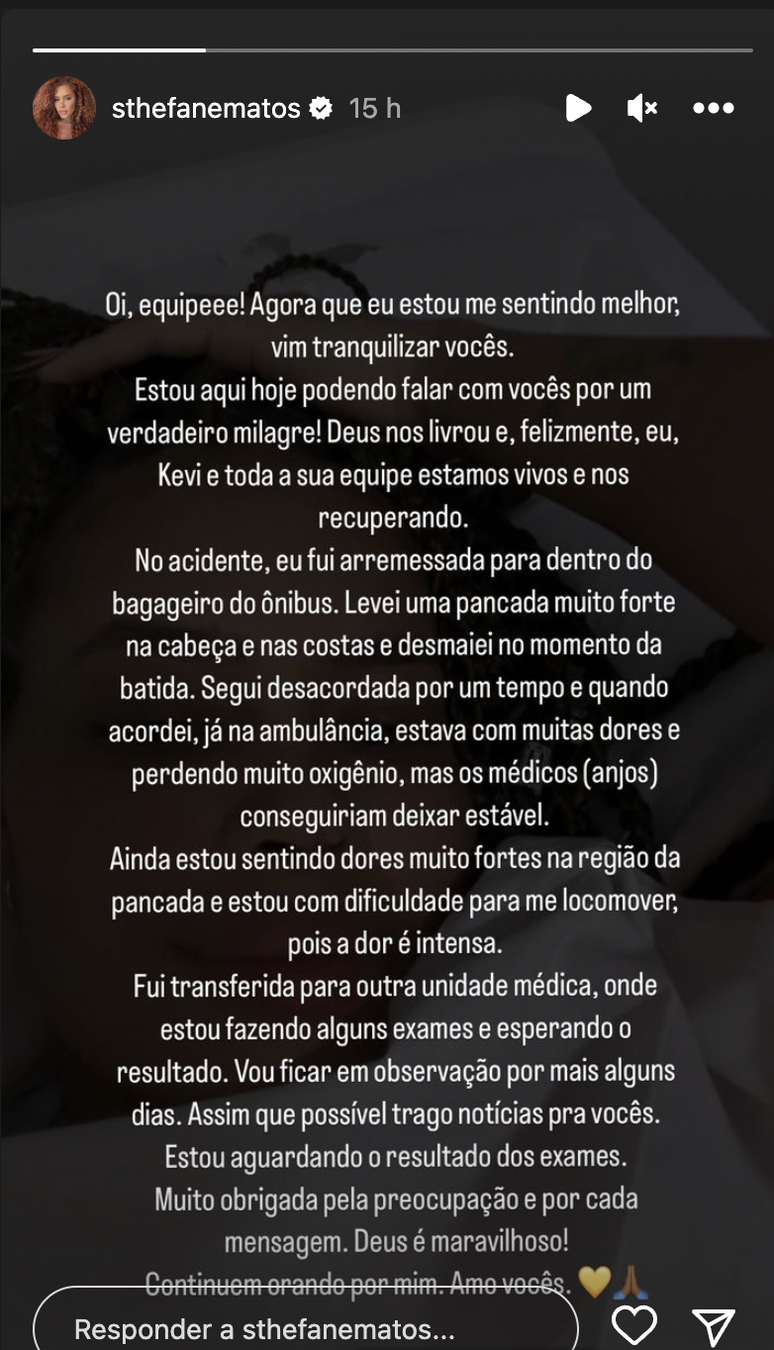 Post nos stories de Sthe Matos atualiza fãs sobre estado da influenciadora
