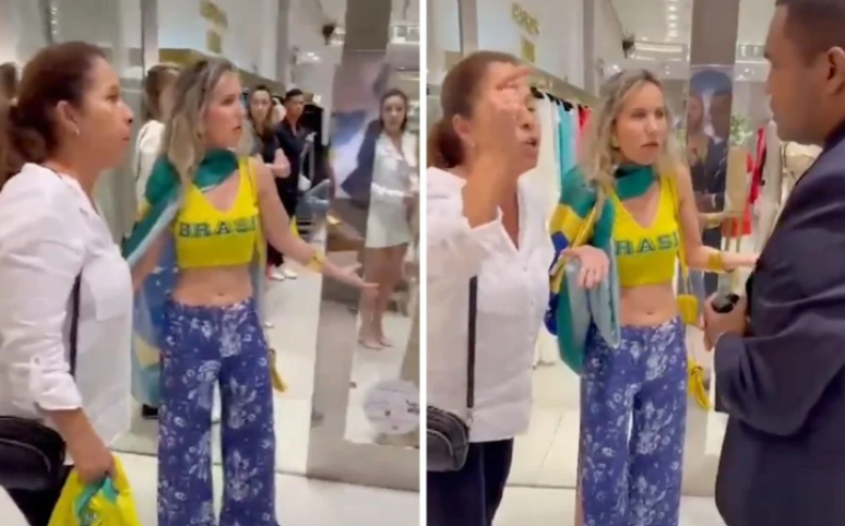 Seguranças de shopping de luxo abordam mulher vestindo bandeira do Brasil