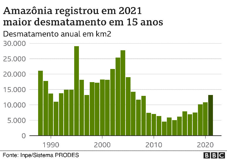 Desmatamento da Amazônia em 2021 alcançou o maior patamar desde 2006, com a destruição de 13.235 km2 de vegetação