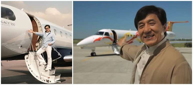 O ator Jackie Chan com seus aviões da brasileira Embraer