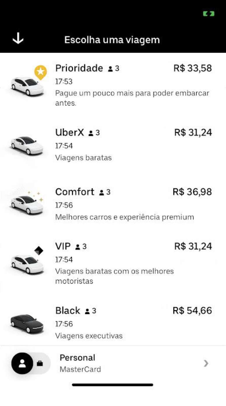 As viagens do Uber Prioridade são mais caras que o UberX, mas mais baratas que o Uber Comfort (Imagem: Reprodução/Uber)