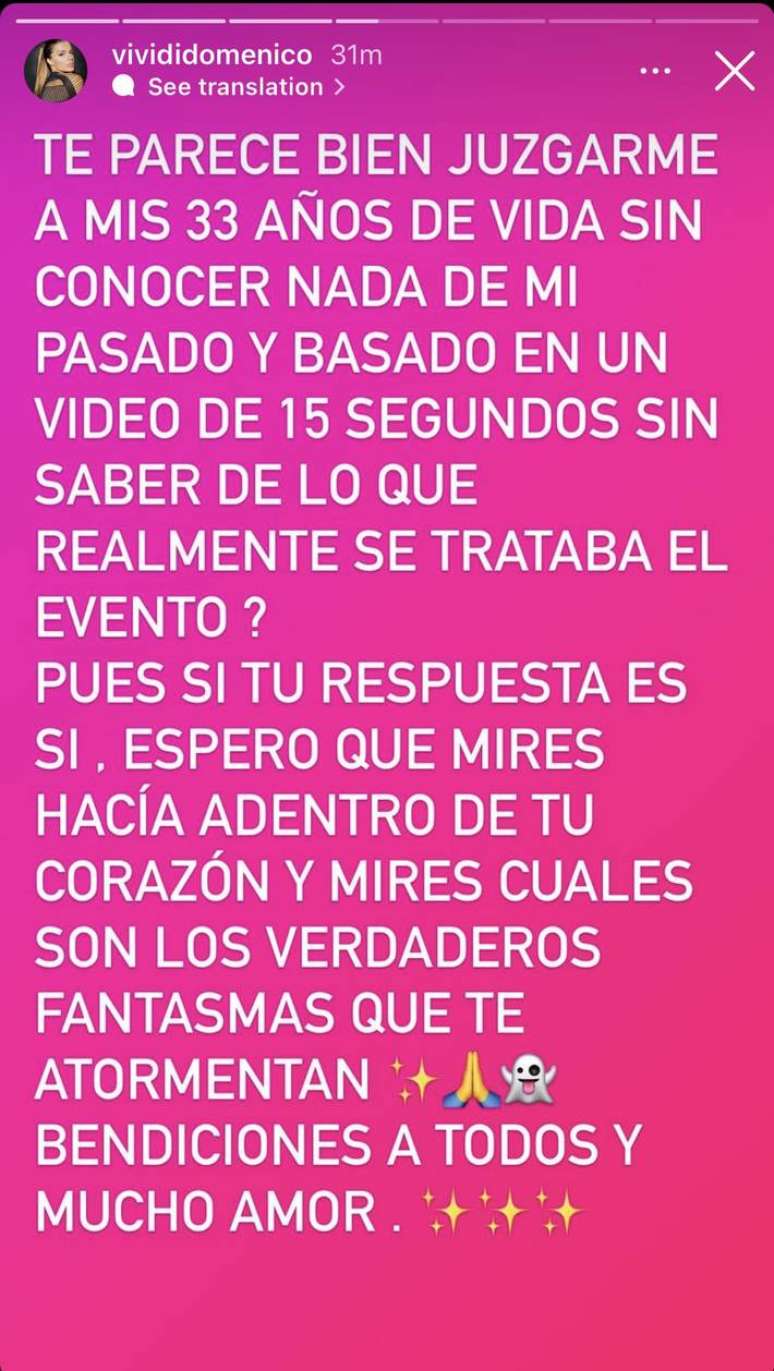 Pronunciamento em espanhol da modelo Vivi Di Domenico no Instagram.