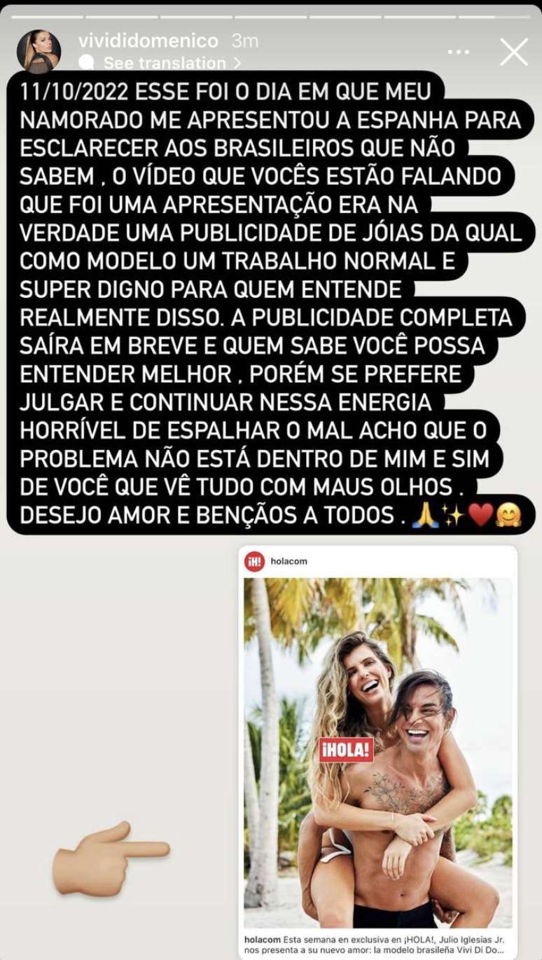 Segundo declara&ccedil;&atilde;o de Vivi Di Domenico, a&ccedil;&atilde;o do namorado Julio Jos&eacute; Iglesias fazia parte de a&ccedil;&atilde;o publicit&aacute;ria.