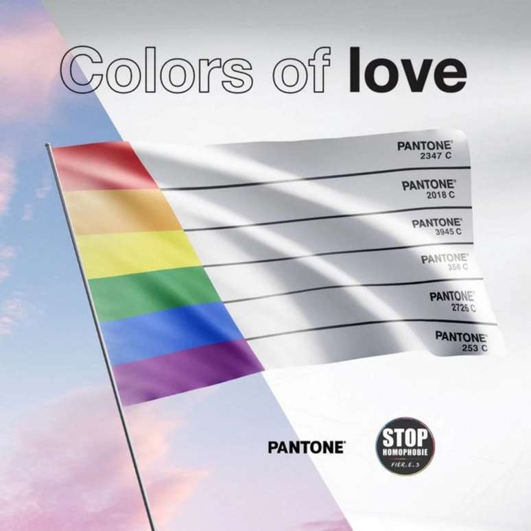 Bandeira Pantone e 'Pare homofobia' para a Copa no Catar, onde proíbem manifestações homoafetivas.