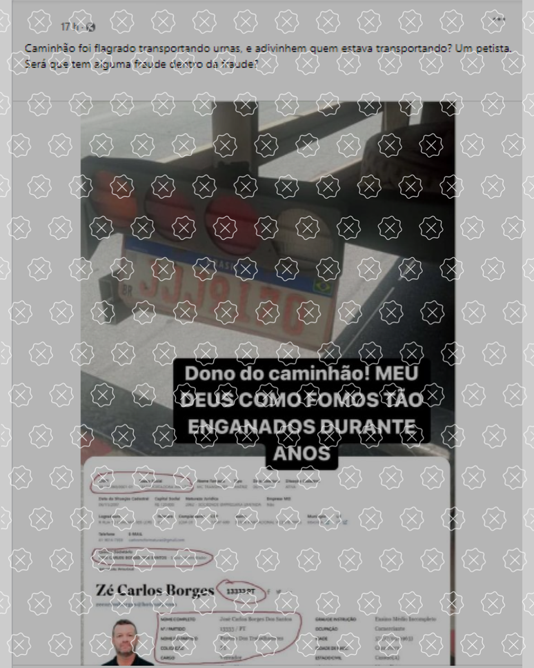 Reprodução de postagem que engana ao afirmar que ex-vereador petista é o dono da transportadora que fez o frete de urnas eletrônicas