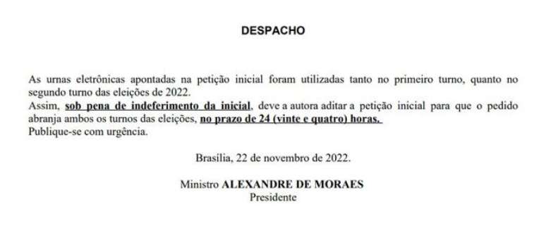 Alexandre de Moraes, Presidente do TSE, publicou um despacho ordenando que o PL apresente, em 24 horas, o resultado da auditoria das urnas no primeiro turno das eleições