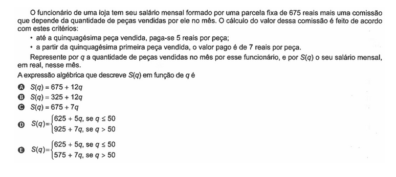 -'Era uma questão muito simples, mas acreditamos que houve um erro de digitação. O enunciado indicava que a parte fixa é 675, portanto, a alternativa que o Enem deveria julgar correta seria a D, mas nela aparece 625', explica Rodney Luzio, coordenador de Matemática do Curso Anglo.Já os professores de matemática Alex Rmoa e Thiago Galrão, da Plataforma AZ, também apontam que aconteceu um erro na digitação, mas que a alternativa correta seria a E. Ambos os cursinhos defendem que a questão deve ser anulada.