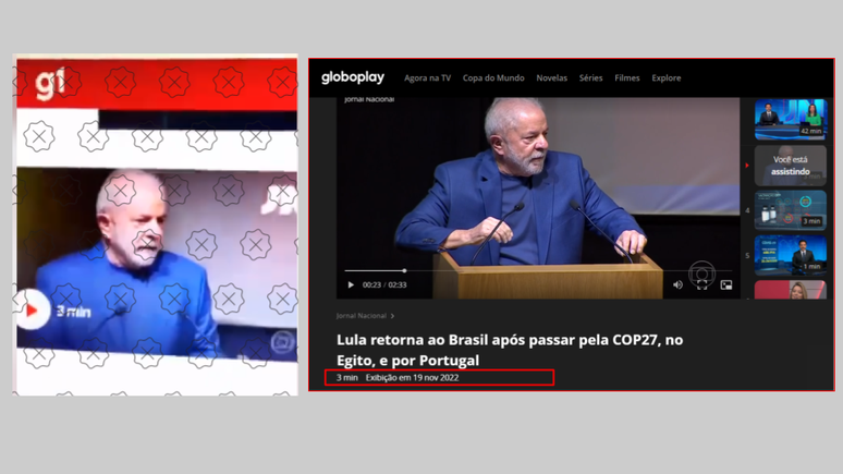 Comparação entre a imagem de Lula usada na peça desinformativa, à esquerda, e a reprodução real do site do G1, com a notícia do retorno do ex-presidente ao Brasil