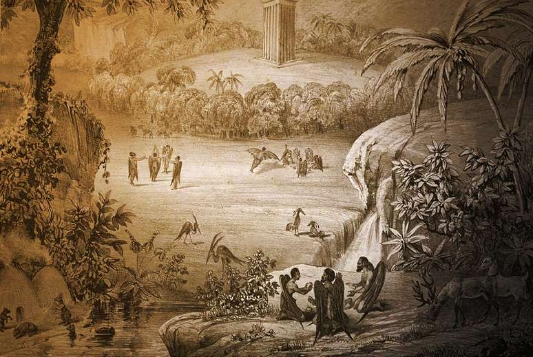 Pintura de uma cena lunar com homens-morcego