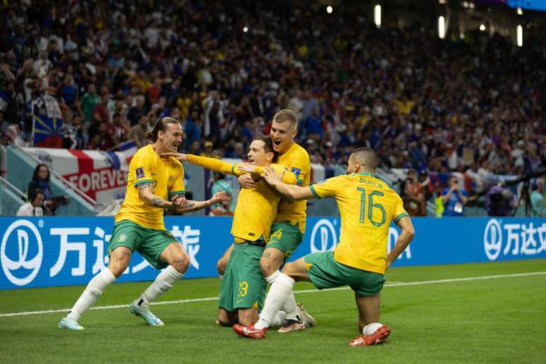 Seleção da Austrália comemorando gol feito contra a França, na Copa do Mundo