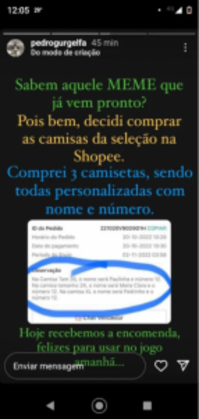 Pedro compartilhou print do pedido das três blusas (Foto: Reprodução / Instagram)