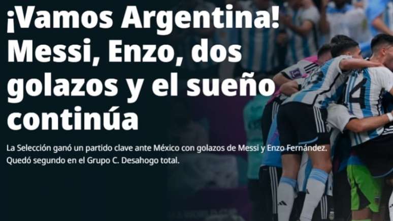 Jornal Olé exaltou a primeira vitória da Argentina na Copa do Mundo 2022 (Reprodução/Ole)