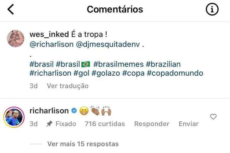 Richarlison comentou publicação sobre a tatuagem