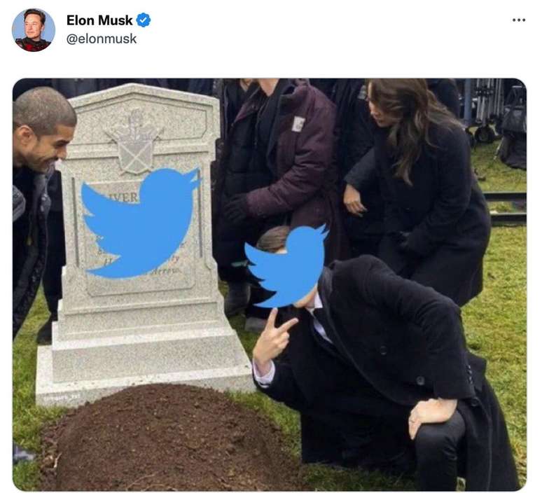 Respondendo a cr&iacute;ticas que estaria 'matando o Twitter', Musk postou um meme de homem sorrindo ao lado de um t&uacute;mulo