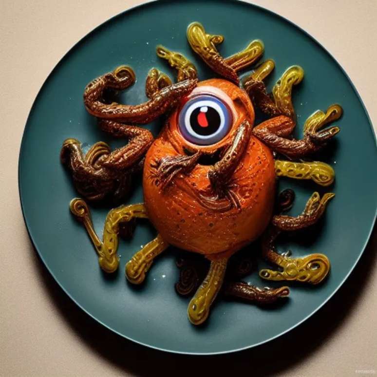 Uma criatura com mil olhos e um milhão de membros, cozida no estilo de pato à l'orange', para o jogo Bureau of Multiversal Arbitration