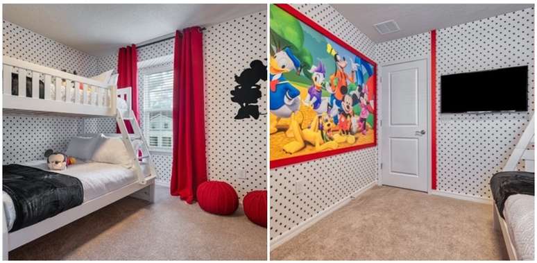 O alegre quarto com decoração da Turma do Mickey