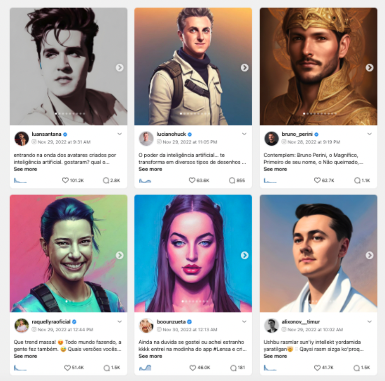 Captura de tela mostra famosos que criaram avatares com app Lensa