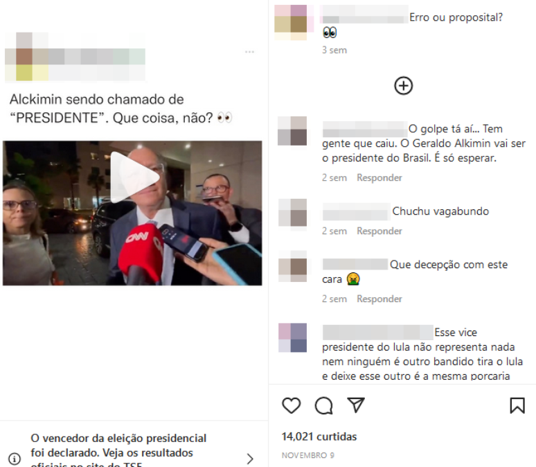 Print de publicação que gera desconfiança por ato falho em entrevista de Alckmin