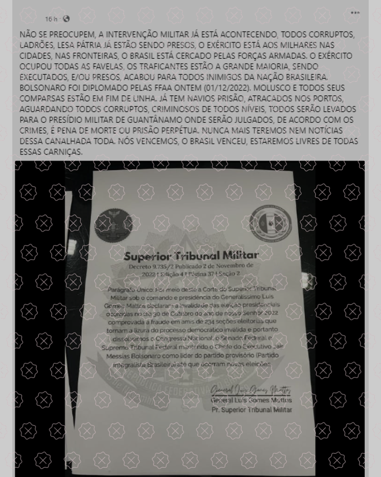 Texto com a afirmação falsa de que o Superior Tribunal Militar decretou a “invalidade” da eleição presidencial, manteve Bolsonaro no poder, destituiu o Congresso e o STF.