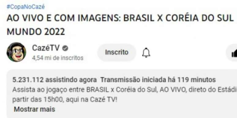 Cazé TV bate novo recorde e jogo do Brasil tem mais de 1 milhão de