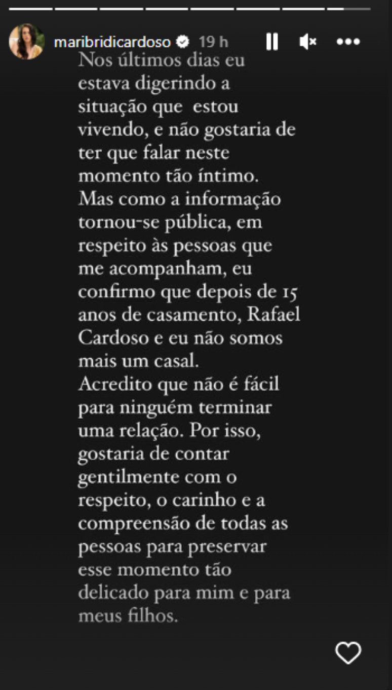 Mariana Bridi usou suas redes sociais para comunicar o término do casamento