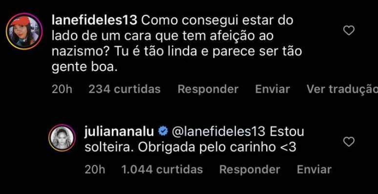 Juliana Nalú respondeu seguidora afirmando estar solteira após crítica sobre falas de Kanye West.