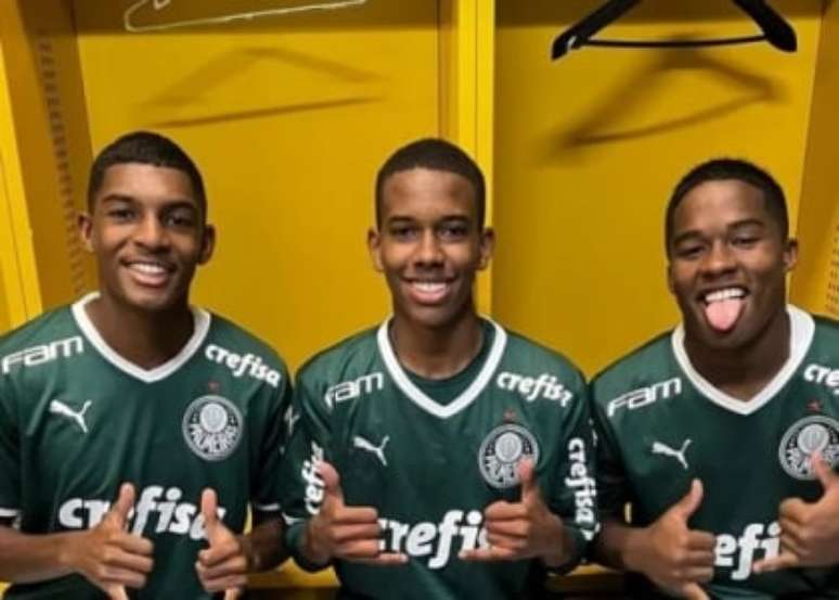 Esquerda para direita: Luis Guilherme, Estevão e Endrick (Foto: Divulgação / Palmeiras)