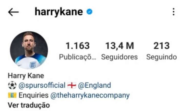 Harry Kane já alcança mais de 13 milhões de seguidores no Instagram (Foto: Captura de tela)