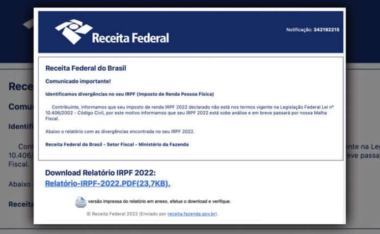 E-mail com Golpe do CPF que é enviado às vítimas