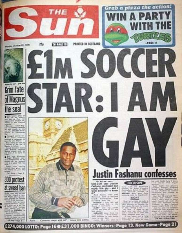 Capa do The Sun dando destaque à entrevista em que Fashanu revela ser gay.