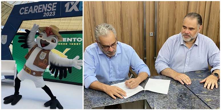 Manjadinho j&aacute; conquistou a torcida; ao lado, o presidente da Federa&ccedil;&atilde;o Cearense de Futebol. Mauro Carm&eacute;lio, e o diretor-geral do Grupo Cidade de Comunica&ccedil;&atilde;o, Edson Ferreira, na assinatura do acordo