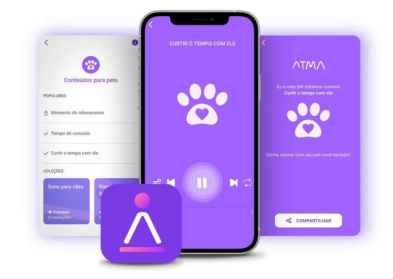 Telas do app Atma: opções de sons (à esquerda), conteúdo em reprodução (ao centro) e compartilhamento (à direita)