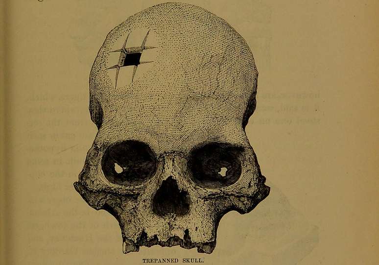 O crânio em ilustração no livro de Squier — peça data entre 1400 e 1530 d.C.
