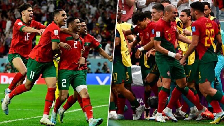 Marroquinos e portugueses se encaram nas quartas de final na Copa (AFP / Montagem LANCE!