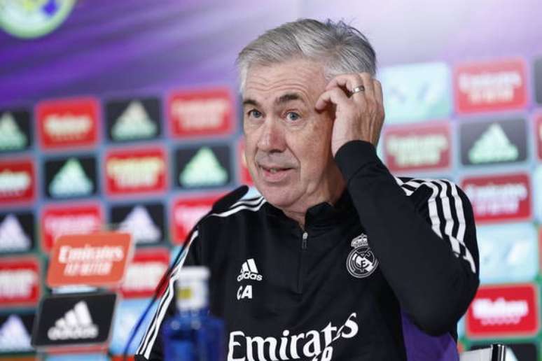 Ancelotti durante uma coletiva de imprensa em Madri, na Espanha