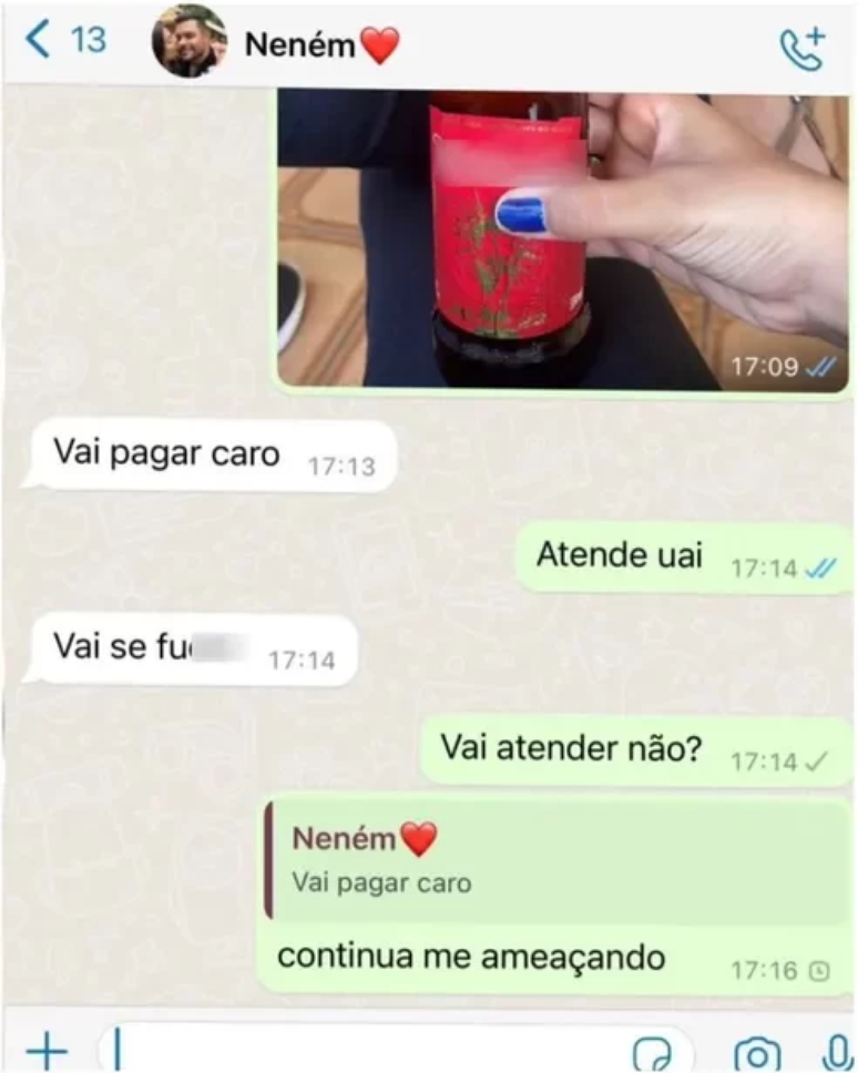 Conversas de WhatsApp mostram ameaças que namorado fez à vítima.