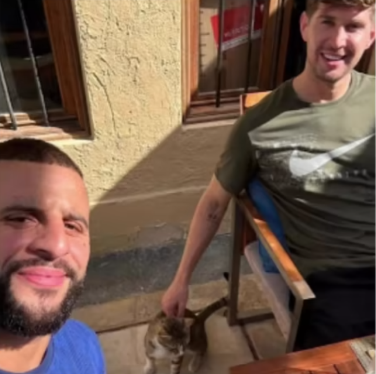 Jogadores da Inglaterra com o gatinho Dave 