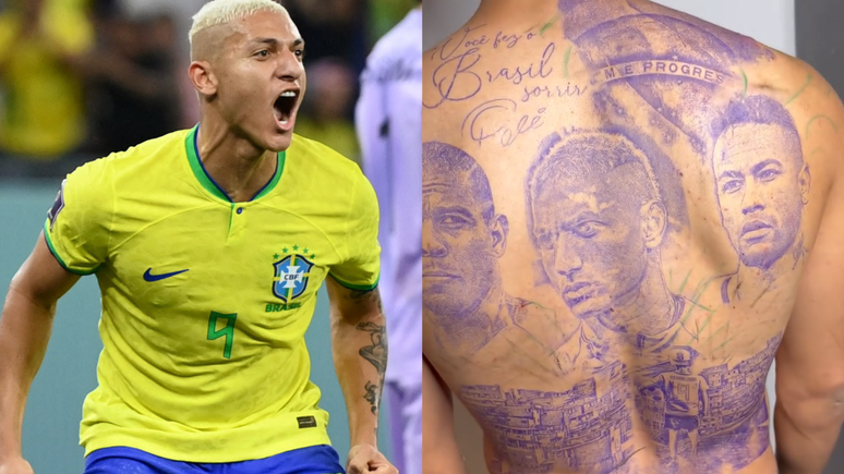 Richarlison faz tatuagem com rostos de Ronaldo, Neymar e frase de Pelé