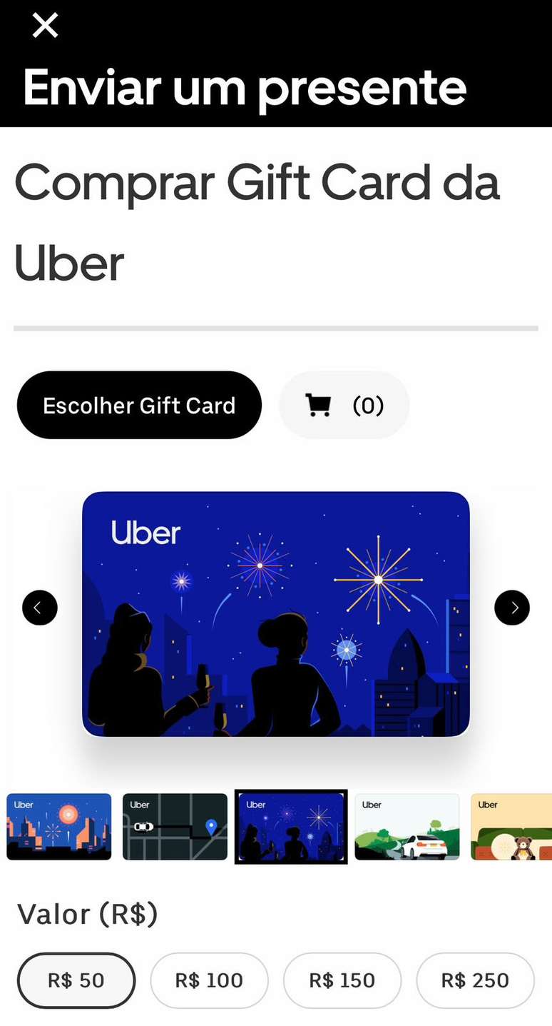 Cartões de vale-presente da Uber são opção para o fim de ano.