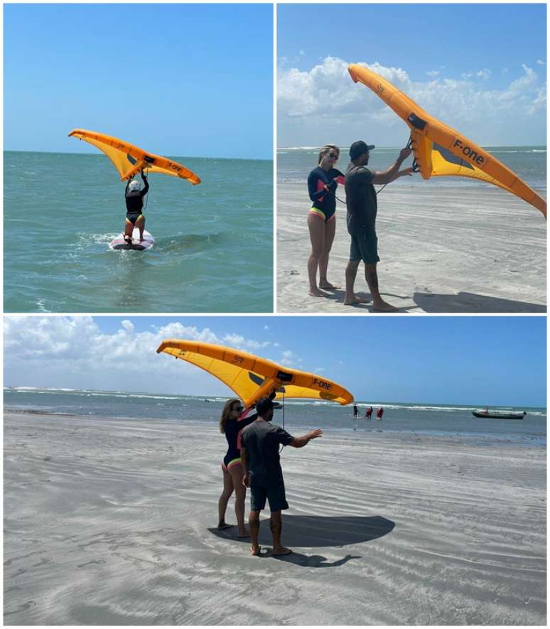 A apresentadora teve aula de Wingfoil com o surfista Fernando Mizo em Jericoacoara