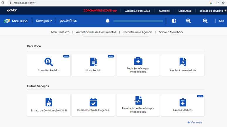 Ao acessar meuinss.gov.br, basta fazer o login do sistema Gov.br e acessar 'Serviços' na aba superior