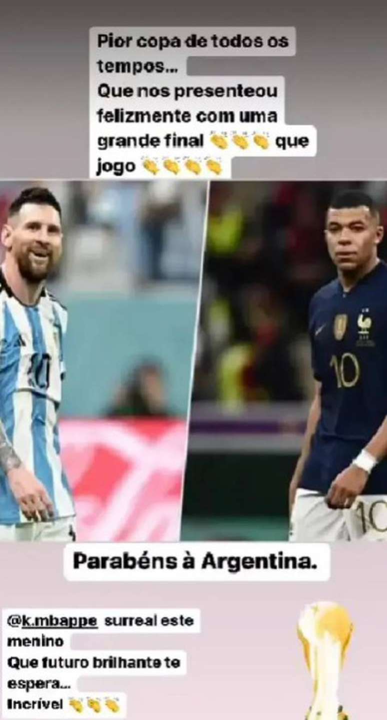 Katia Aveiro criticou Copa no Instagram. Ela também aproveitou para parabenizar a Argentina e elogiar Mbappé