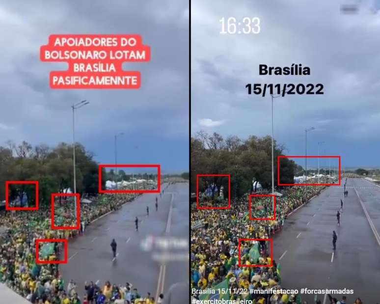 Comparativo mostra elementos id&ecirc;nticos entre o registro difundido pelas pe&ccedil;as checadas e o um v&iacute;deo da manifesta&ccedil;&atilde;o realizada em 15 de novembro