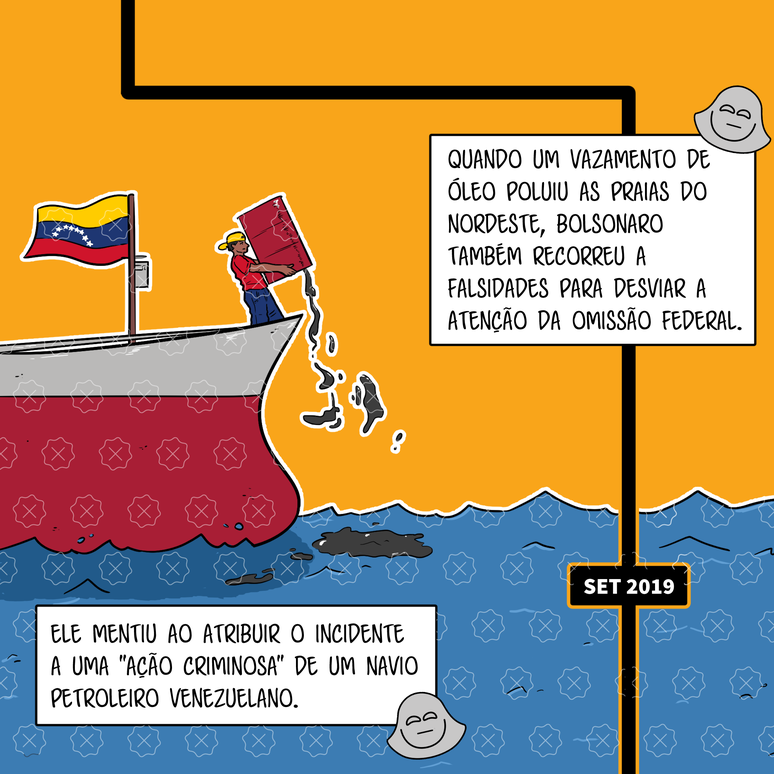 Navio venezuelano joga óleo no mar. Selos de falso indicam que imagem é desinformativa. Legenda: Quando um vazamento de óleo poluiu as praias do Nordeste, Bolsonaro também recorreu a falsidades para desviar a atenção da omissão federal. Ele mentiu ao atribuir o incidente a uma ação criminosa de um navio petroleiro venezuelano.