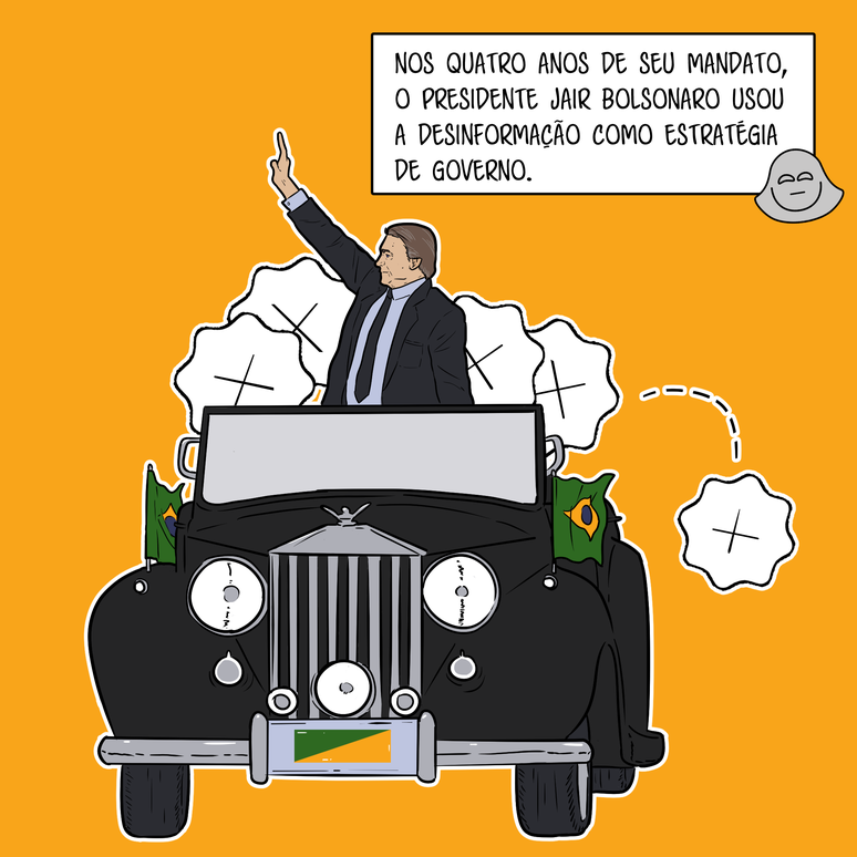 Bolsonaro acena de dentro do Rolls Royce presidencial enquanto selos de declarações falsas caem do automóvel. Legenda diz: Nos quatro anos de seu mandato, o presidente Jair Bolsonaro usou a desinformação como estratégia de governo